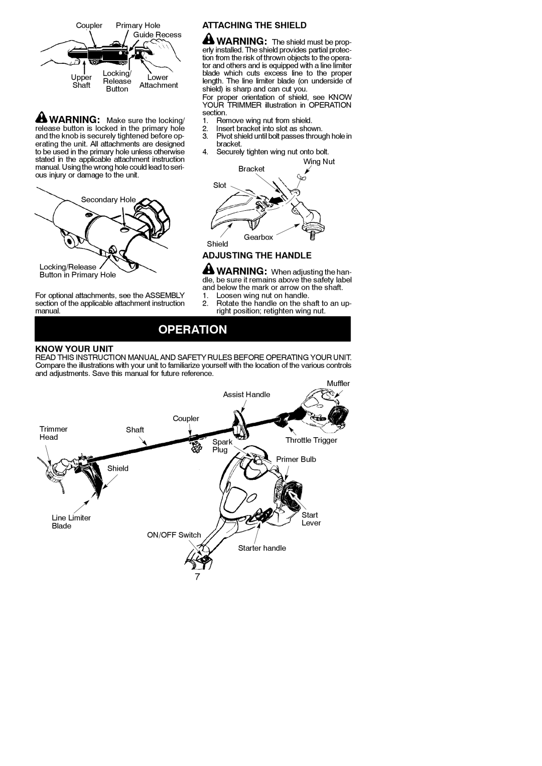 Poulan 545137277 instruction manual Operation, Attaching the Shield, Adjusting the Handle, Know Your Unit 