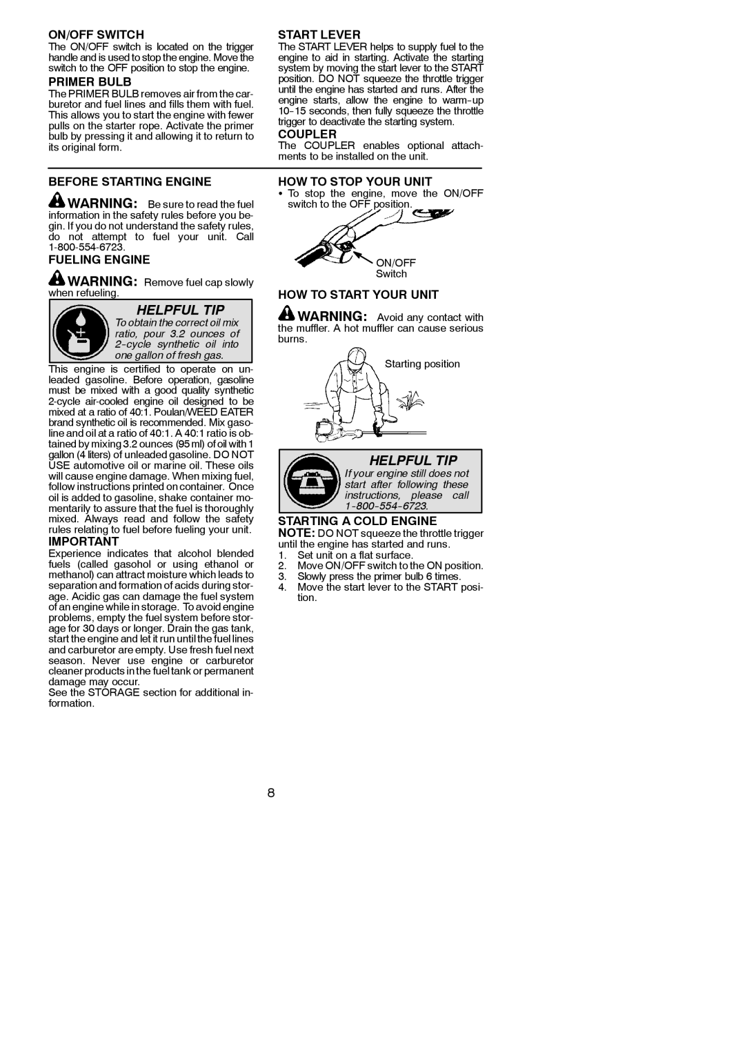 Poulan 545137277 instruction manual ON/OFF Switch, Primer Bulb, Start Lever, Coupler, Before Starting Engine Fueling Engine 