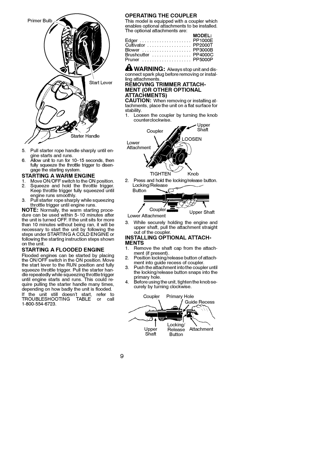 Poulan 545137277 instruction manual Starting a Warm Engine, Starting a Flooded Engine, Operating the Coupler 