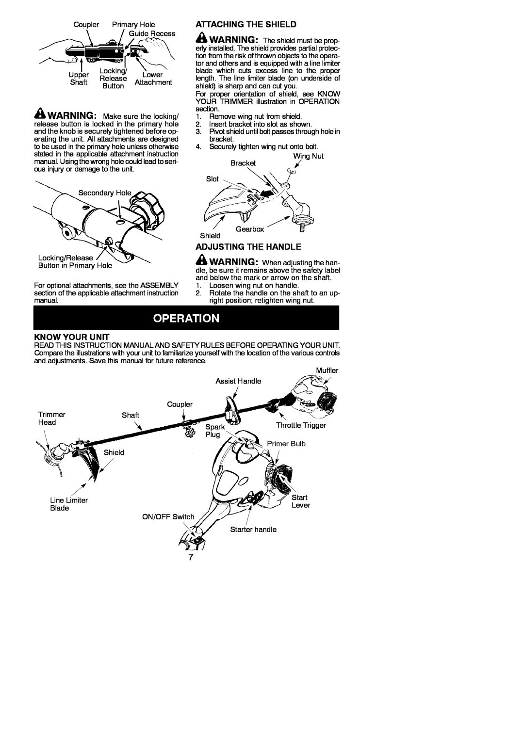 Poulan 545137277 instruction manual Operation, Attaching The Shield, Adjusting The Handle, Know Your Unit 