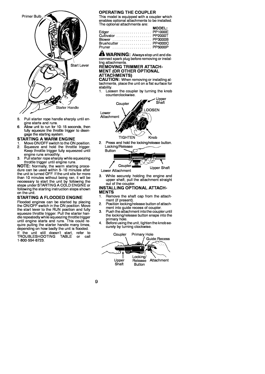 Poulan 545137277 instruction manual Starting A Warm Engine, Starting A Flooded Engine, Operating The Coupler 