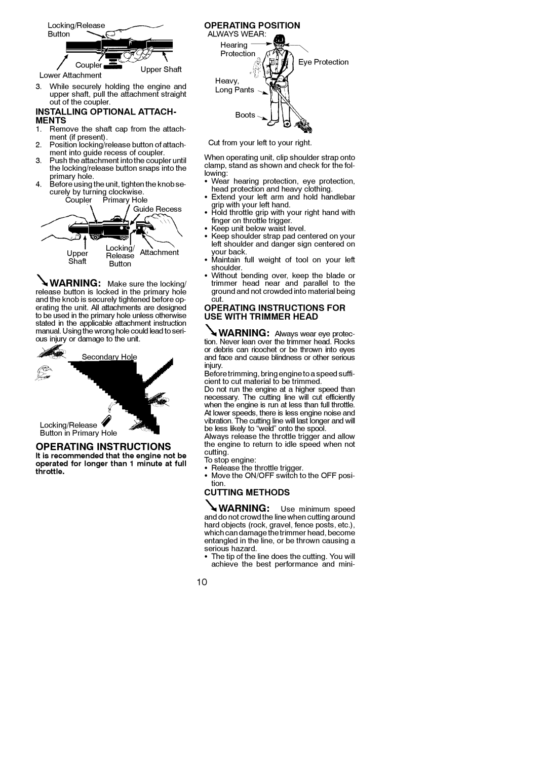 Poulan 545137278 Installing Optional ATTACH- Ments, Operating Position, Operating Instructions for USE with Trimmer Head 