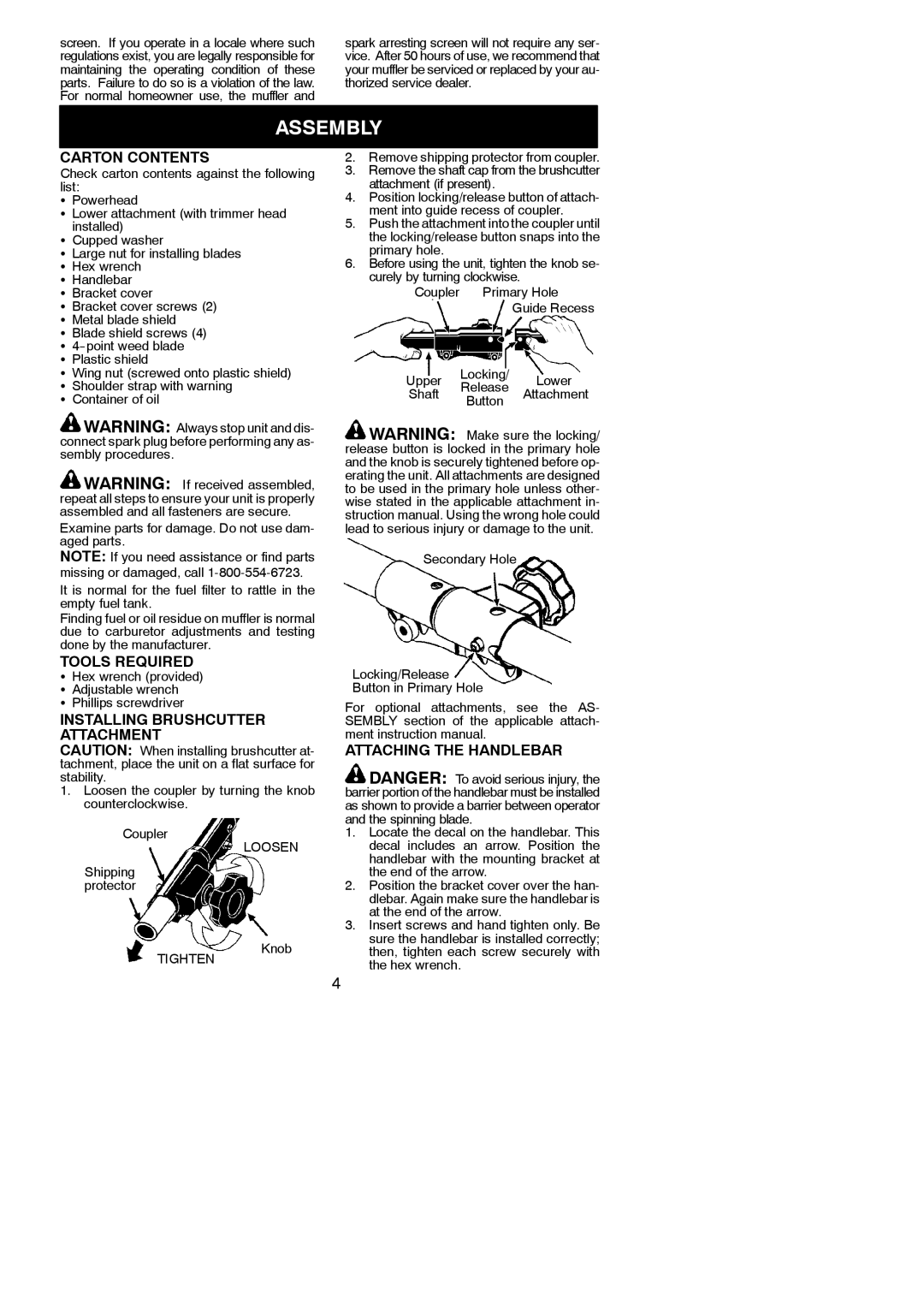 Poulan 545137278 Assembly, Carton Contents, Tools Required, Installing Brushcutter Attachment, Attaching the Handlebar 