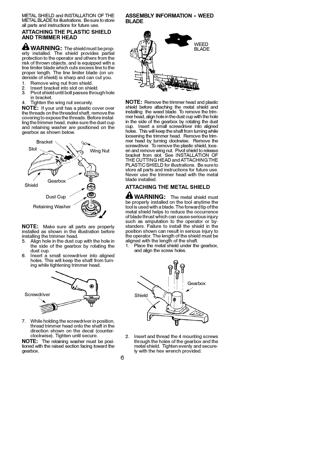 Poulan 545137278 Attaching the Plastic Shield and Trimmer Head, Assembly Information Weed Blade, Screwdriver 