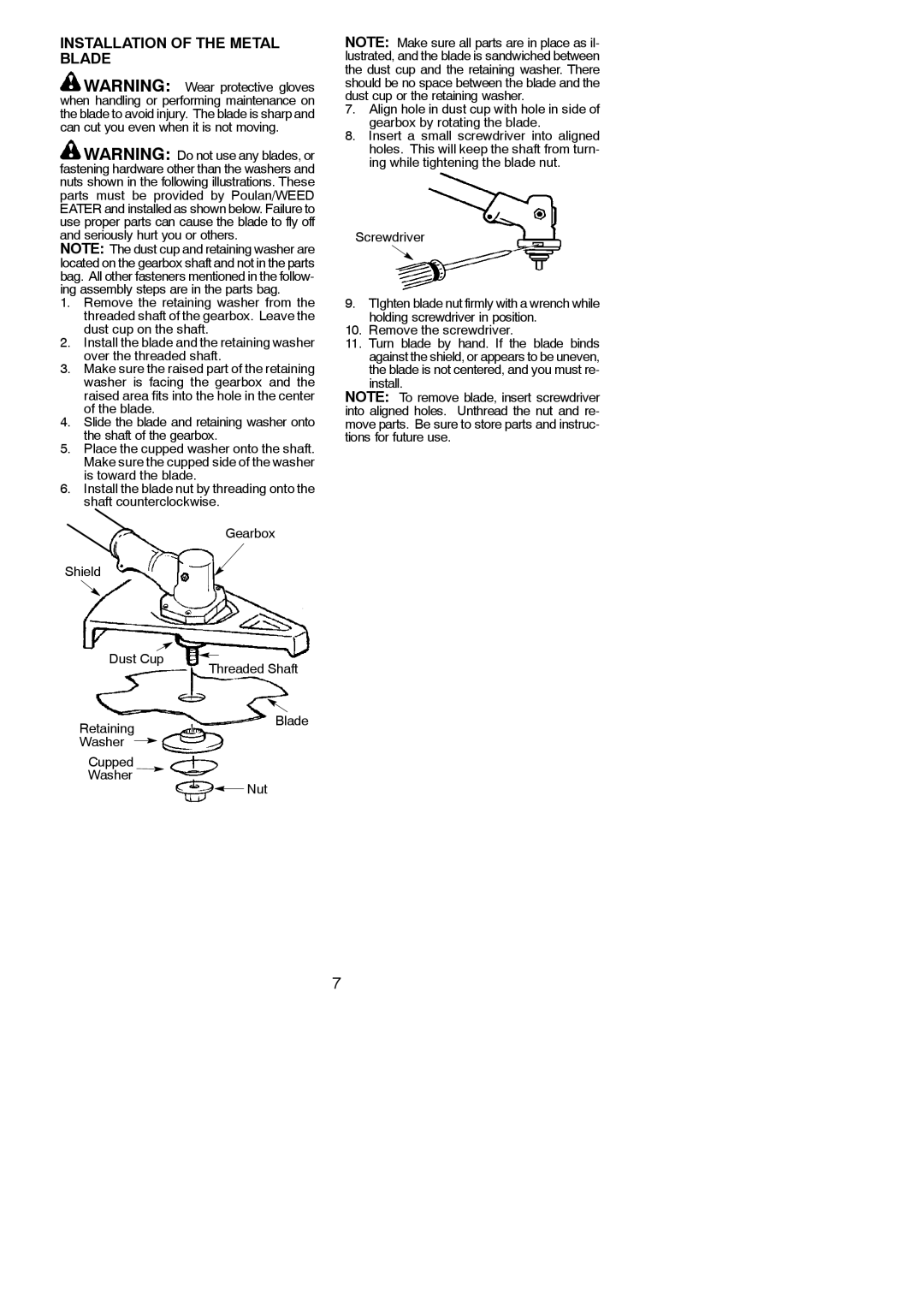 Poulan 545137278 instruction manual Installation of the Metal Blade, Washer Cupped Nut 