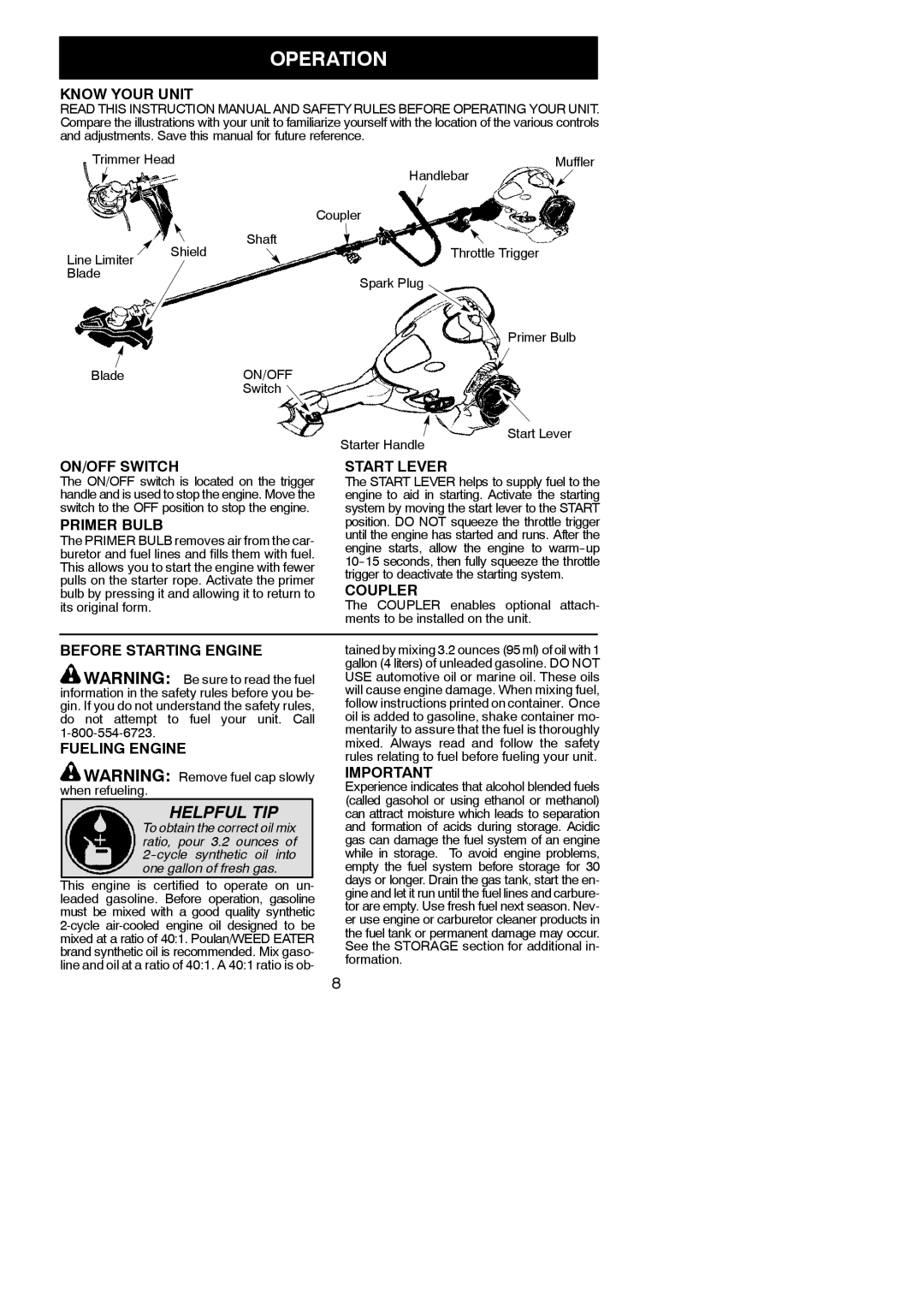 Poulan 545137278 instruction manual Operation 