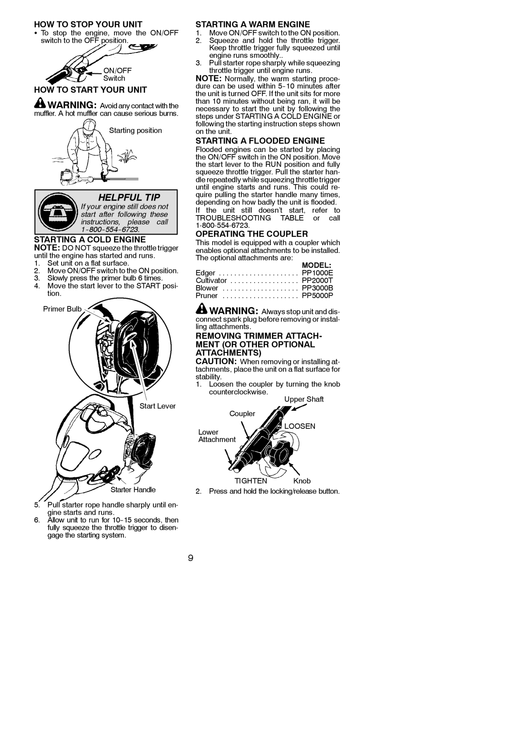 Poulan 545137278 HOW to Stop Your Unit, HOW to Start Your Unit, Starting a Cold Engine, Starting a Warm Engine 