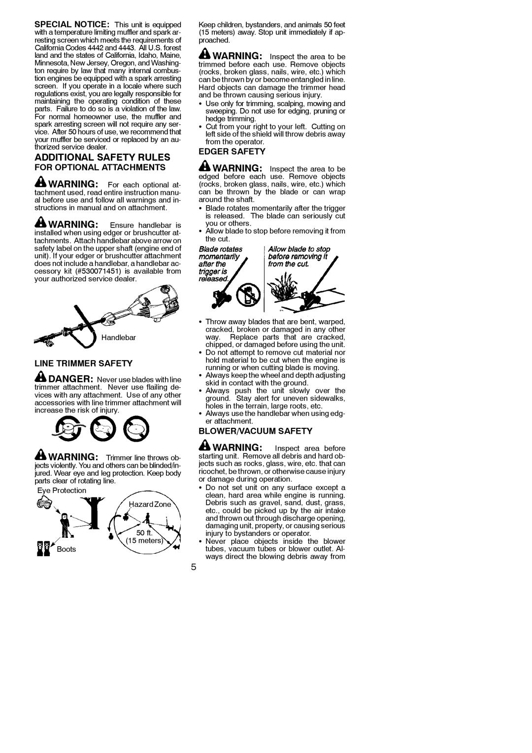 Poulan PP446E, 545137279 For Optional Attachments, Edger Safety, Line Trimmer Safety, BLOWER/VACUUM Safety 