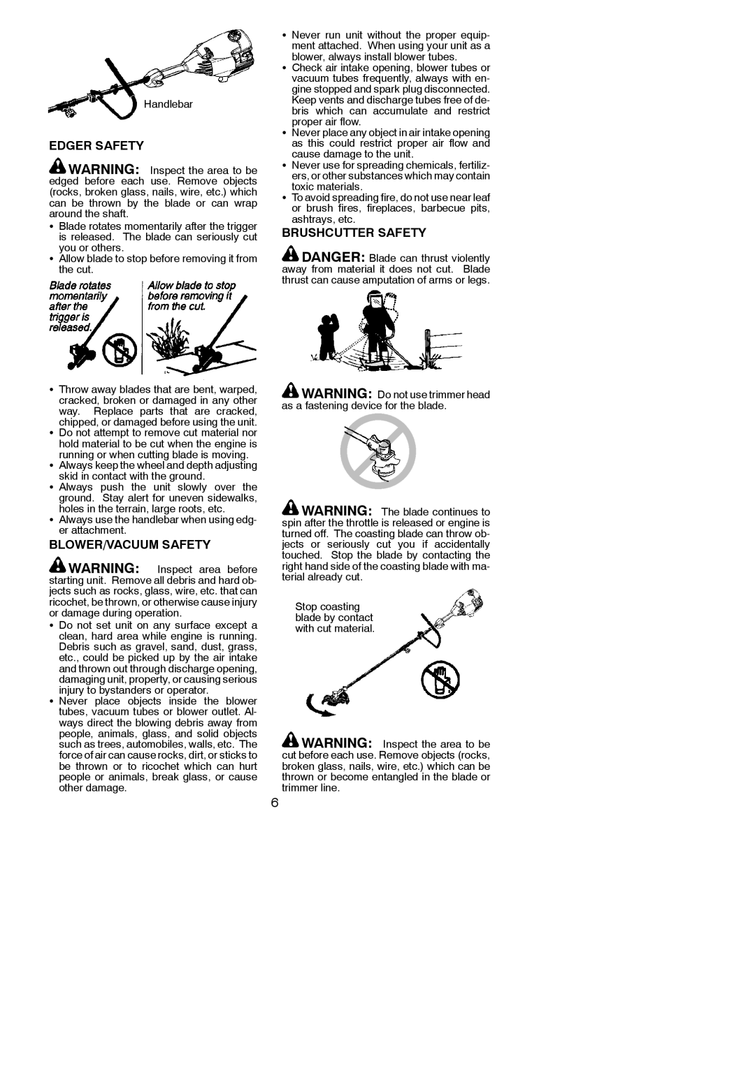 Poulan 545137280 instruction manual Edger Safety, BLOWER/VACUUM Safety, Brushcutter Safety, Handlebar 