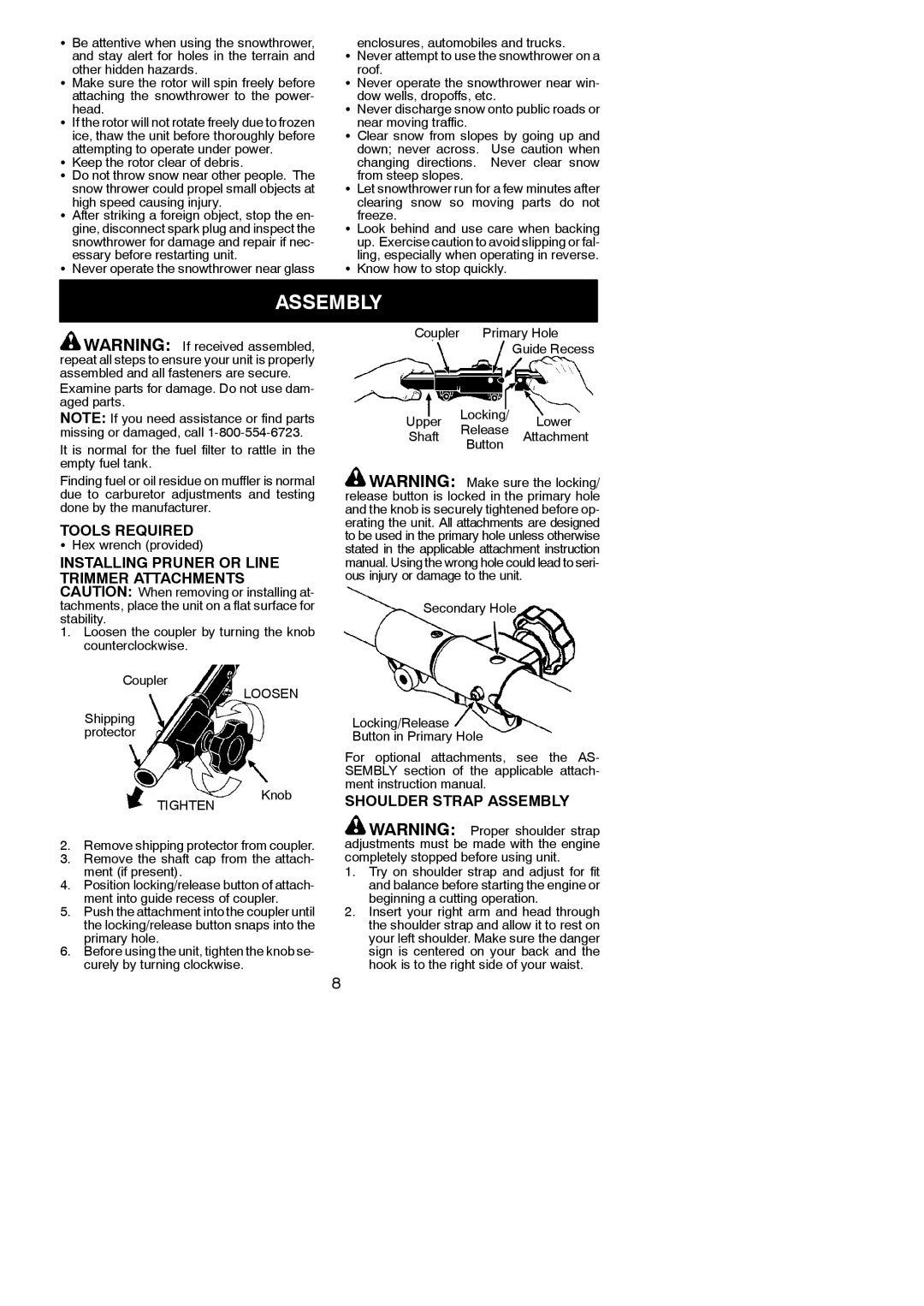 Poulan 545137280 instruction manual Tools Required, Shoulder Strap Assembly 