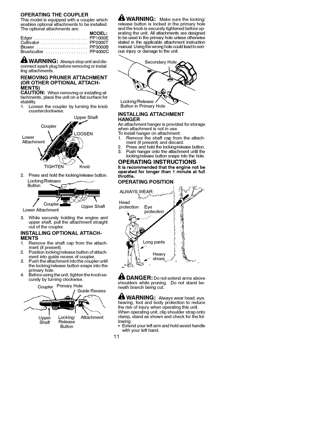 Poulan 545137281 Operating the Coupler, Removing Pruner Attachment or Other Optional Attach Ments, Operating Position 