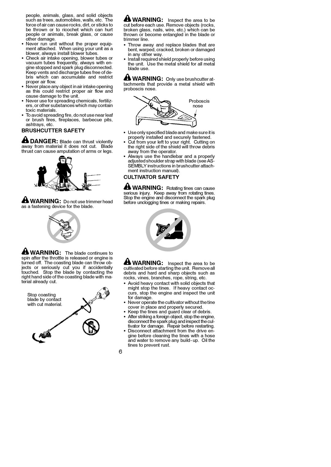 Poulan 545137281 instruction manual Brushcutter Safety, Cultivator Safety, Proper air flow 