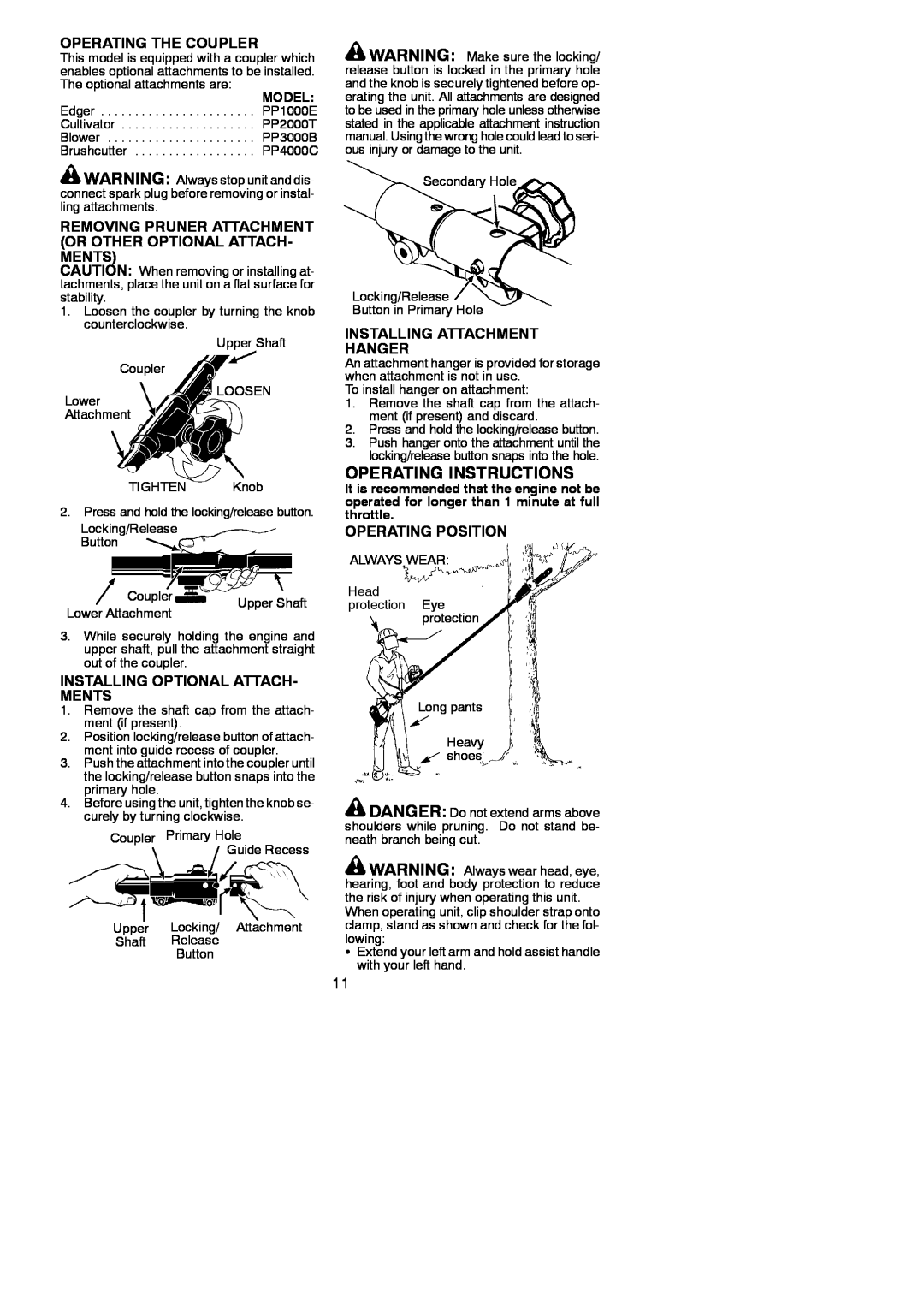 Poulan 545137281 Operating Instructions, Operating The Coupler, Removing Pruner Attachment Or Other Optional Attach Ments 