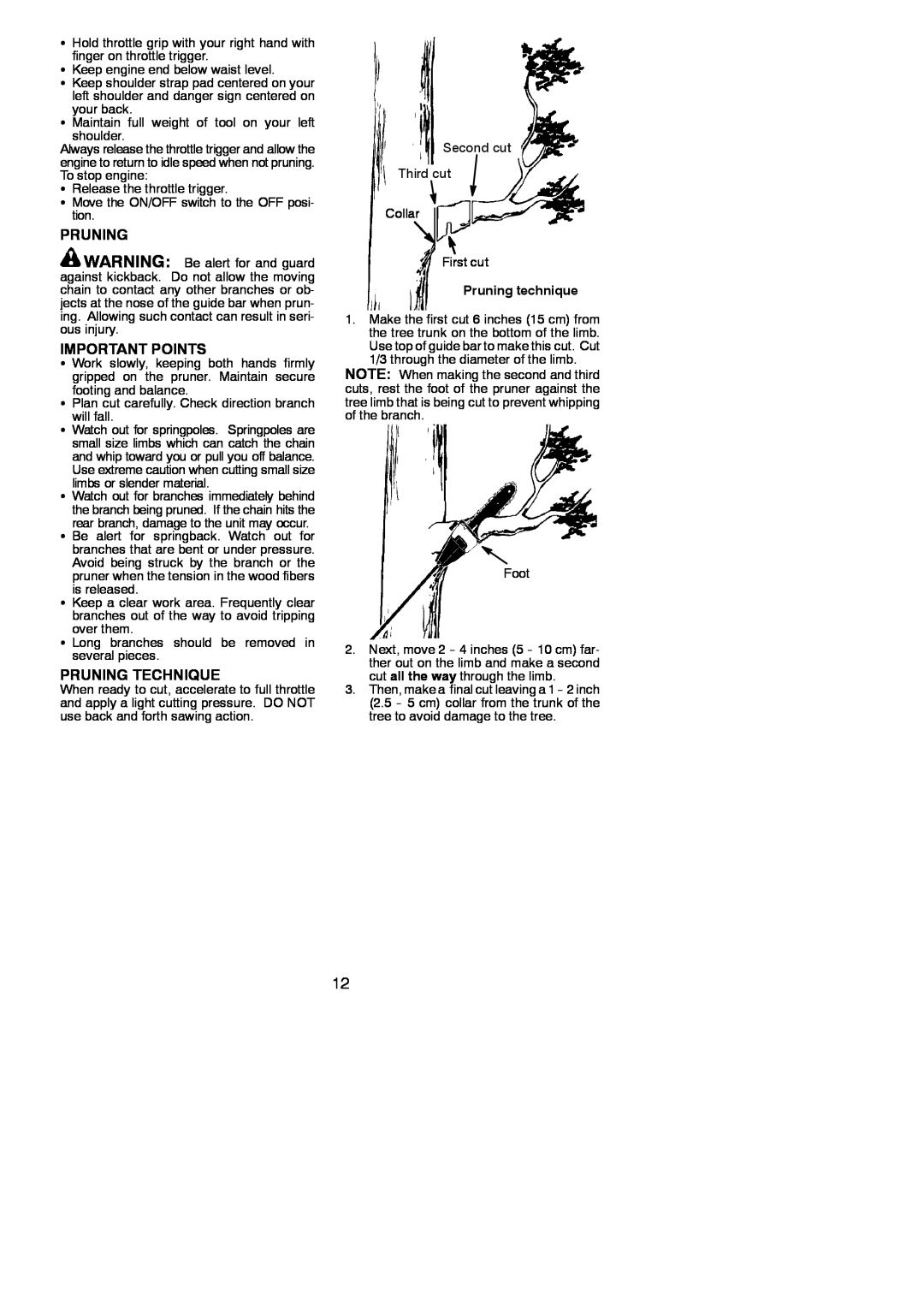 Poulan 545137281 instruction manual Important Points, Pruning Technique, Pruning technique 