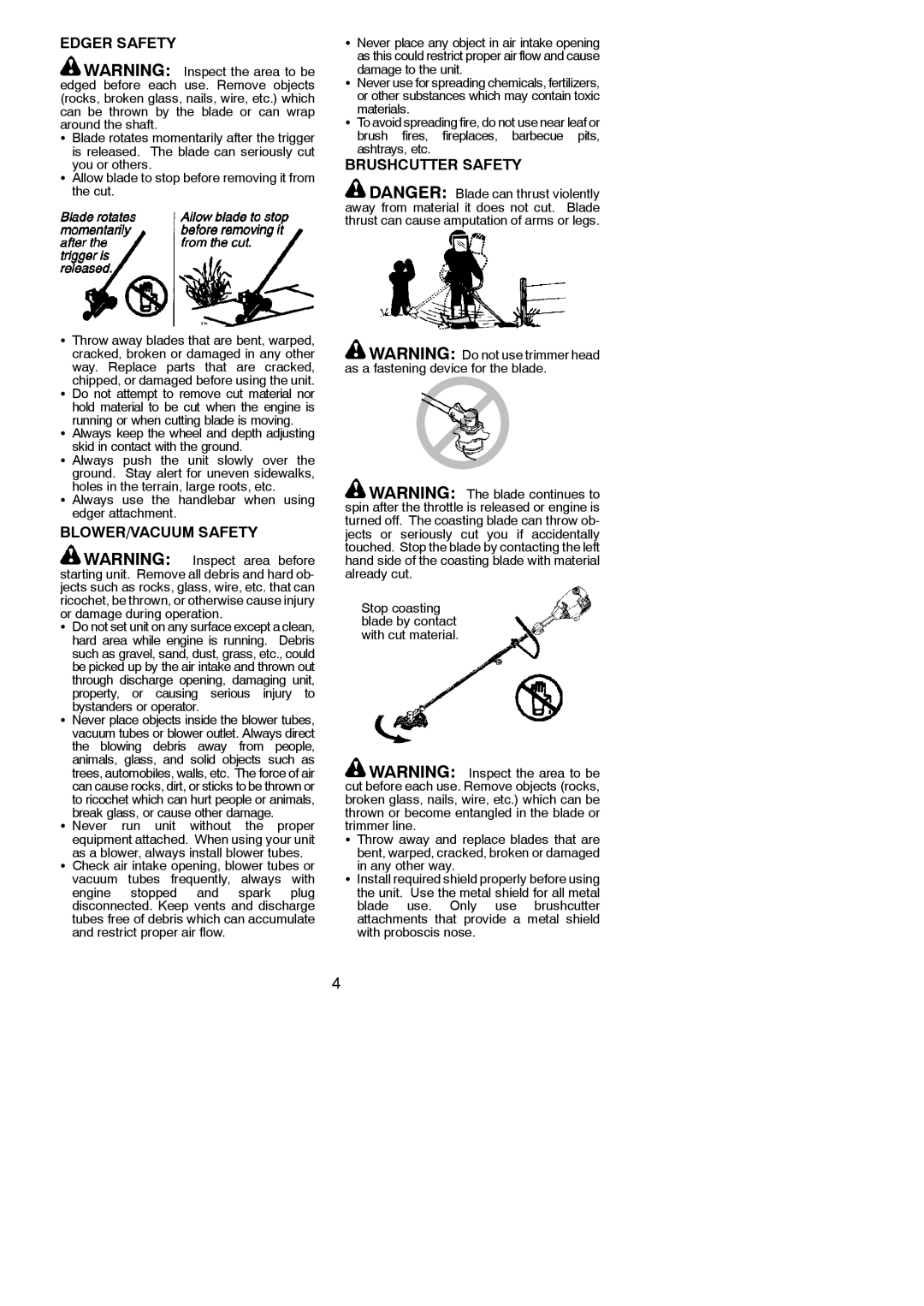 Poulan 545137291 instruction manual Edger Safety, BLOWER/VACUUM Safety, Brushcutter Safety 