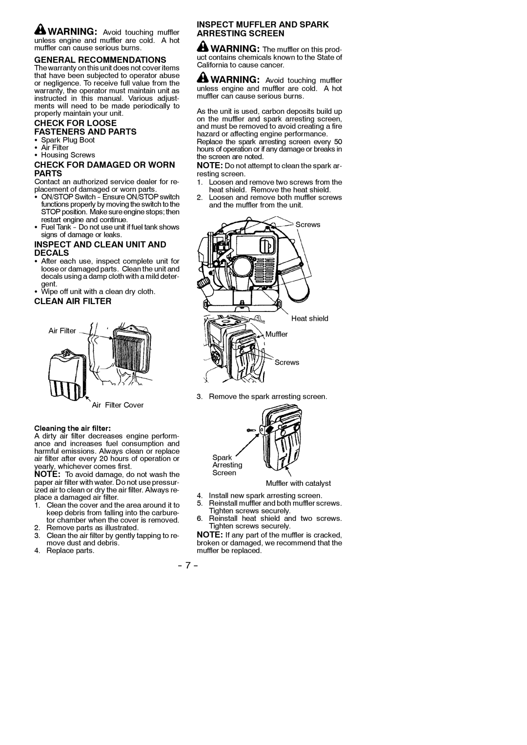 Poulan 46012-427, 545140903 General Recommendations, Check for Loose Fasteners and Parts, Check for Damaged or Worn Parts 