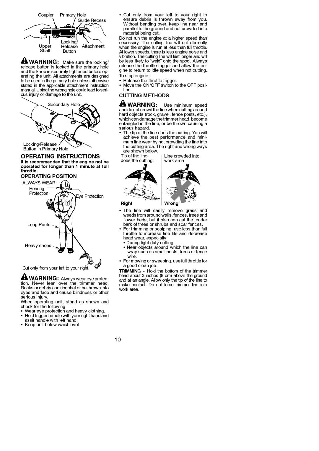 Poulan 545146921 Operating Position, Cutting Methods, Hearing Protection, Tip of the line, Does the cutting Work area 