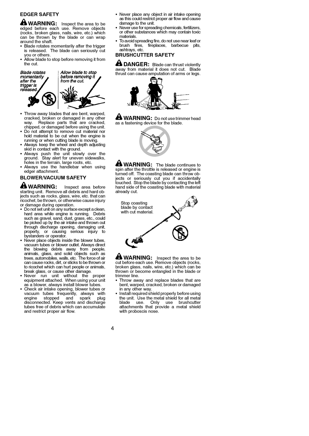 Poulan 545146921 instruction manual Edger Safety, BLOWER/VACUUM Safety, Brushcutter Safety 