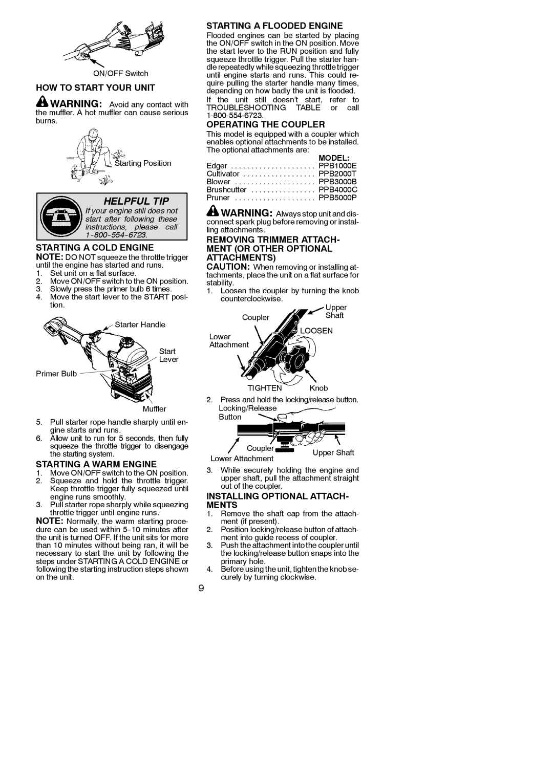 Poulan 545146921 HOW to Start Your Unit, Starting a Cold Engine, Starting a Warm Engine, Starting a Flooded Engine 