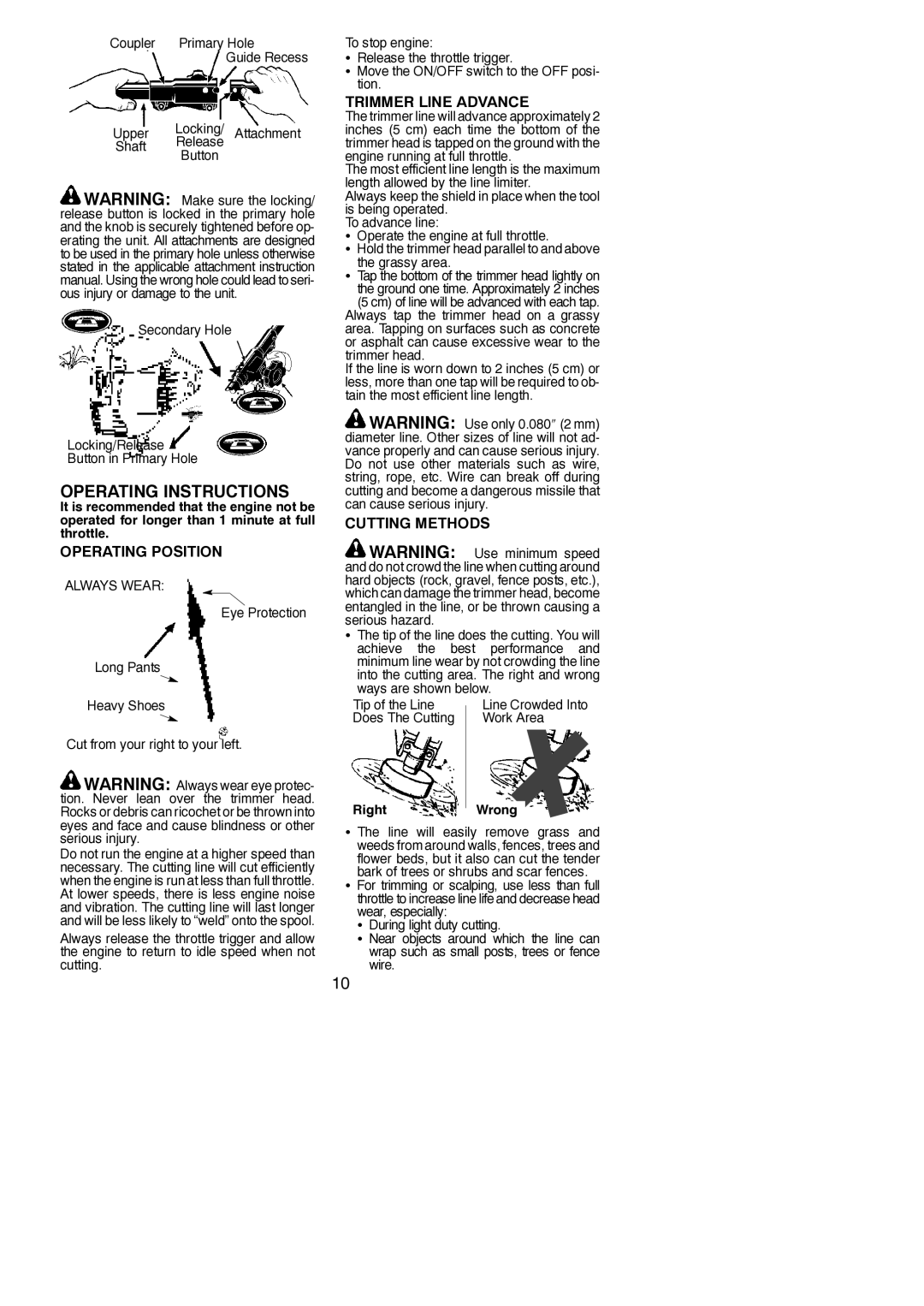 Poulan 545146926 instruction manual Operating Position, Trimmer Line Advance, Cutting Methods 