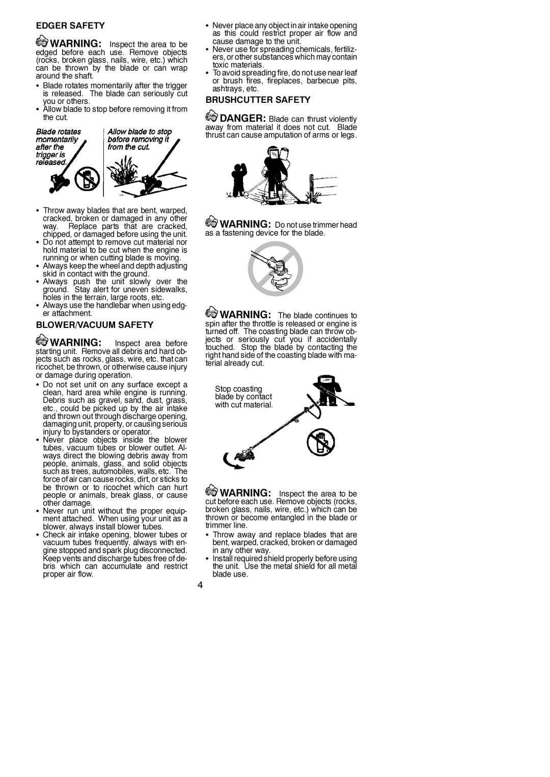 Poulan 545146926 instruction manual Edger Safety, BLOWER/VACUUM Safety, Brushcutter Safety, Skid in contact with the ground 