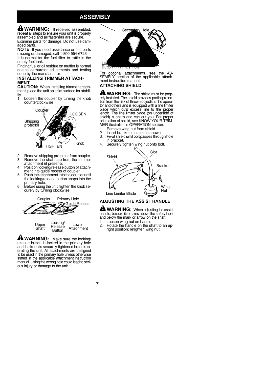 Poulan 545146926 Assembly, Installing Trimmer ATTACH- Ment, Attaching Shield, Adjusting the Assist Handle 