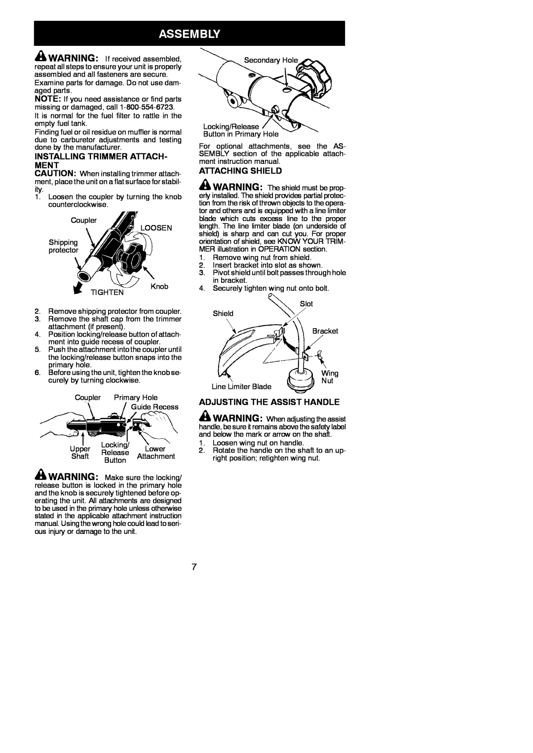 Poulan 545146926 Assembly, Installing Trimmer Attach- Ment, Attaching Shield, Adjusting The Assist Handle 
