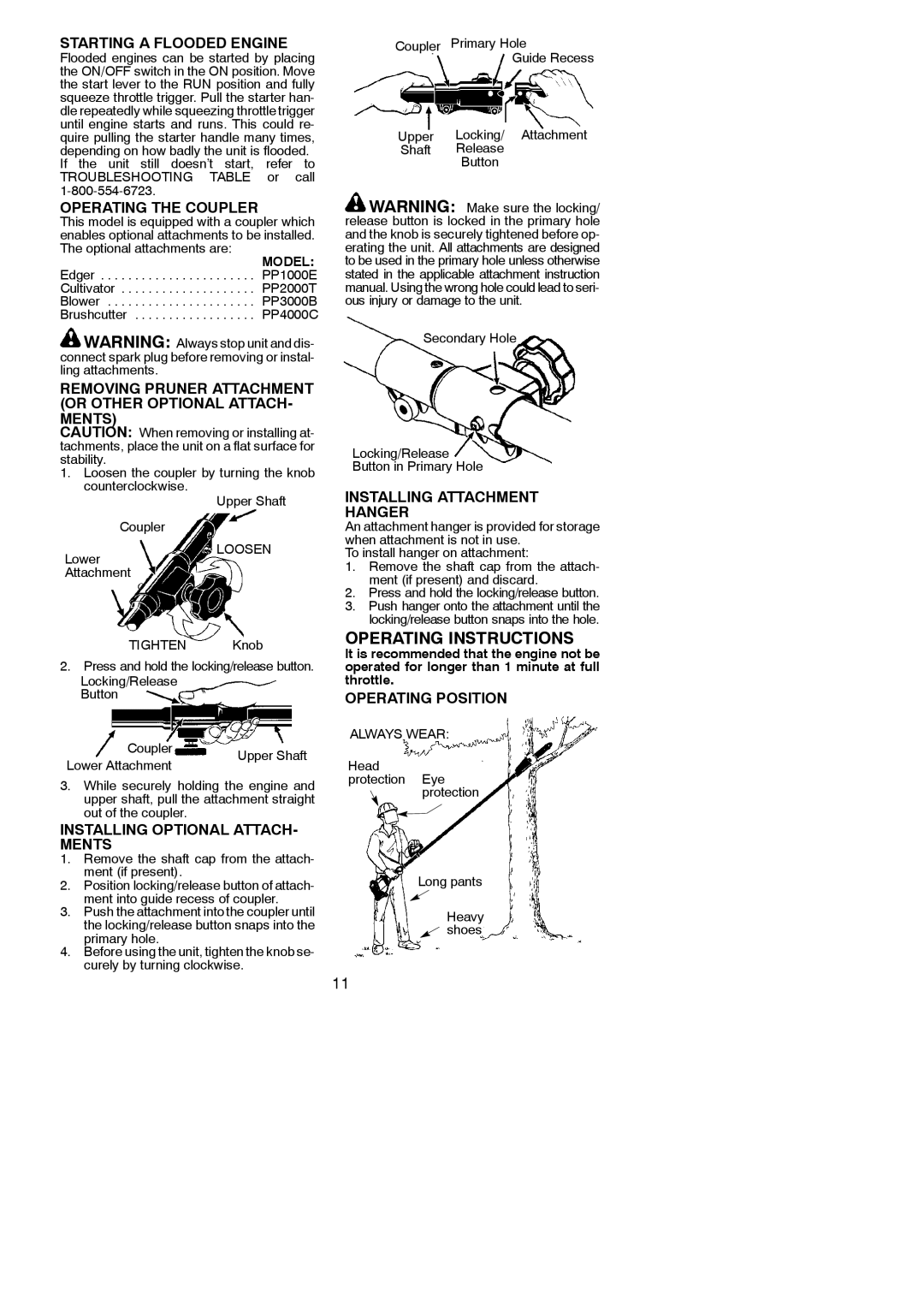 Poulan 545146928 Starting a Flooded Engine, Operating the Coupler, Installing Attachment Hanger, Operating Position 