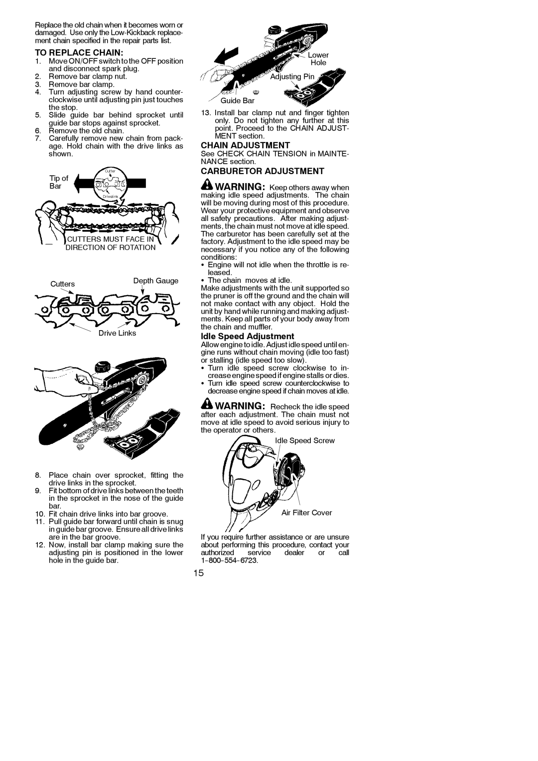 Poulan 545146928 instruction manual To Replace Chain, Chain Adjustment, Carburetor Adjustment 