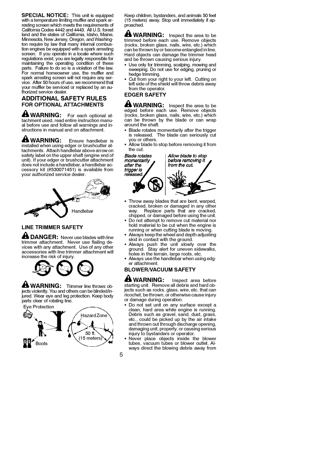 Poulan 545146928 instruction manual For Optional Attachments, Edger Safety, Line Trimmer Safety, BLOWER/VACUUM Safety 