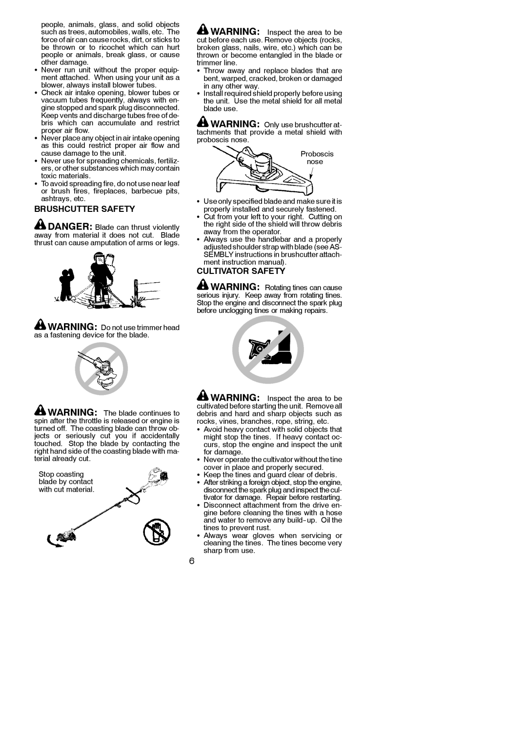 Poulan 545146928 instruction manual Brushcutter Safety, Cultivator Safety, Proper air flow 