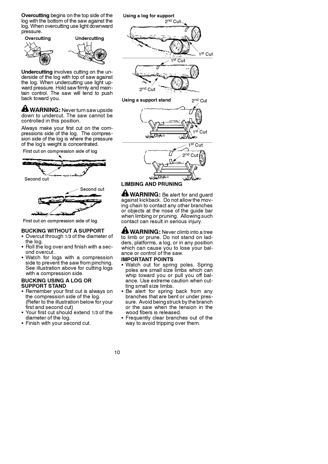 Poulan 545146939 Bucking Without a Support, Bucking Using a LOG or Support Stand, Limbing and Pruning Important Points 