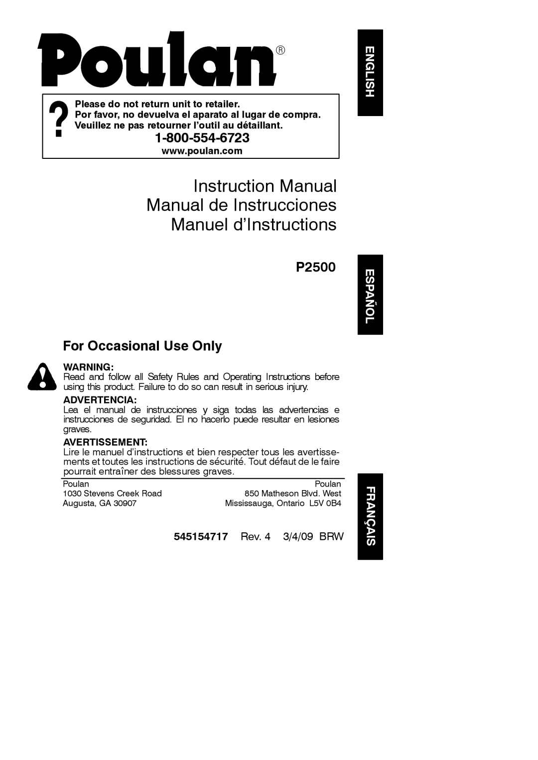 Poulan P2500, 545154717 instruction manual Manual de Instrucciones Manuel d’Instructions, English Español Français 