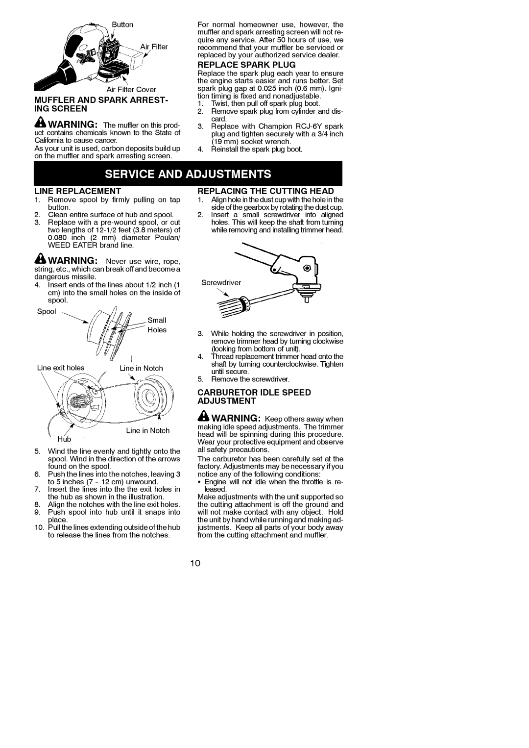 Poulan 545154717, P2500 instruction manual Service and Adjustments 