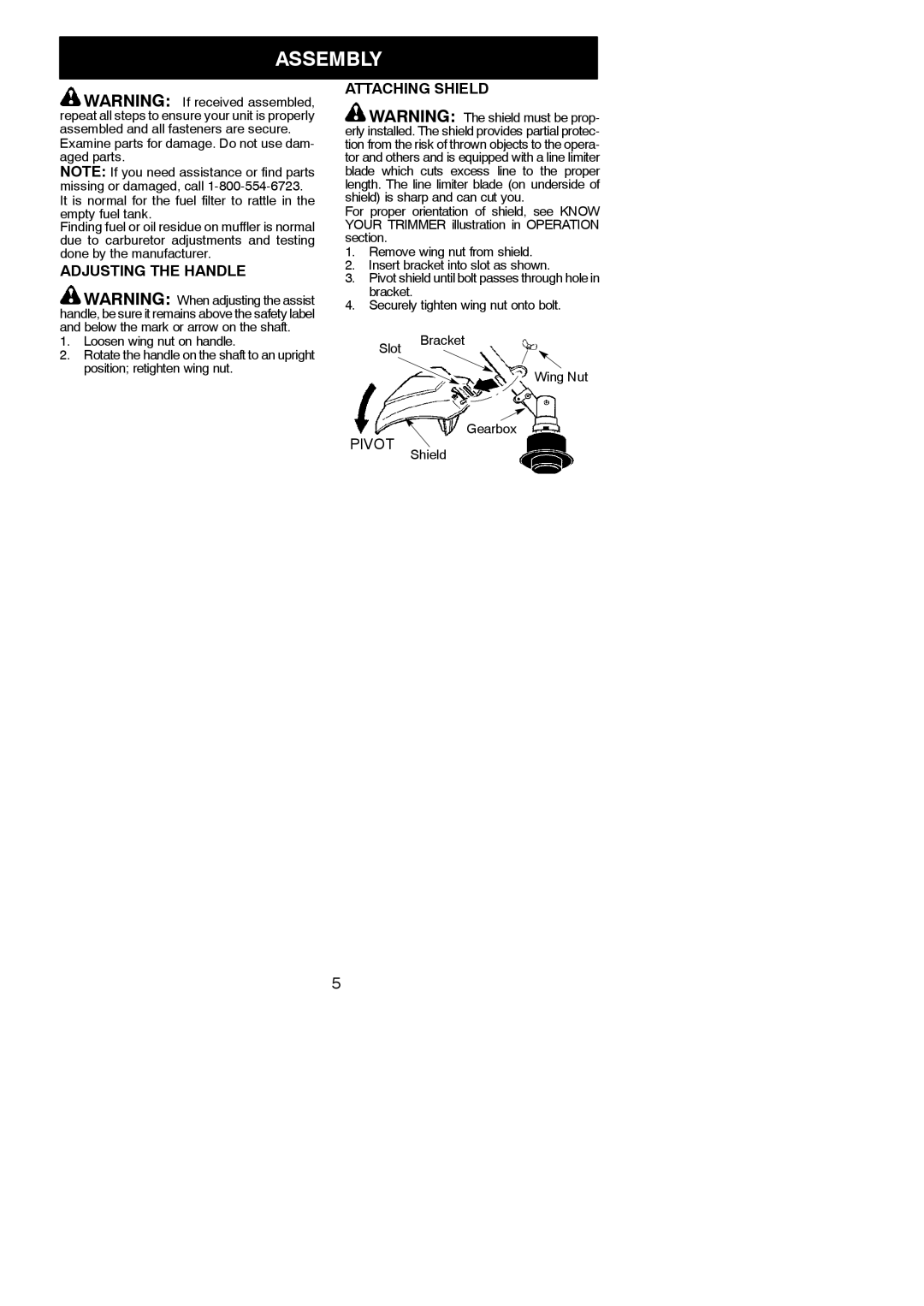 Poulan P2500, 545154717 instruction manual Assembly, Adjusting the Handle, Attaching Shield 