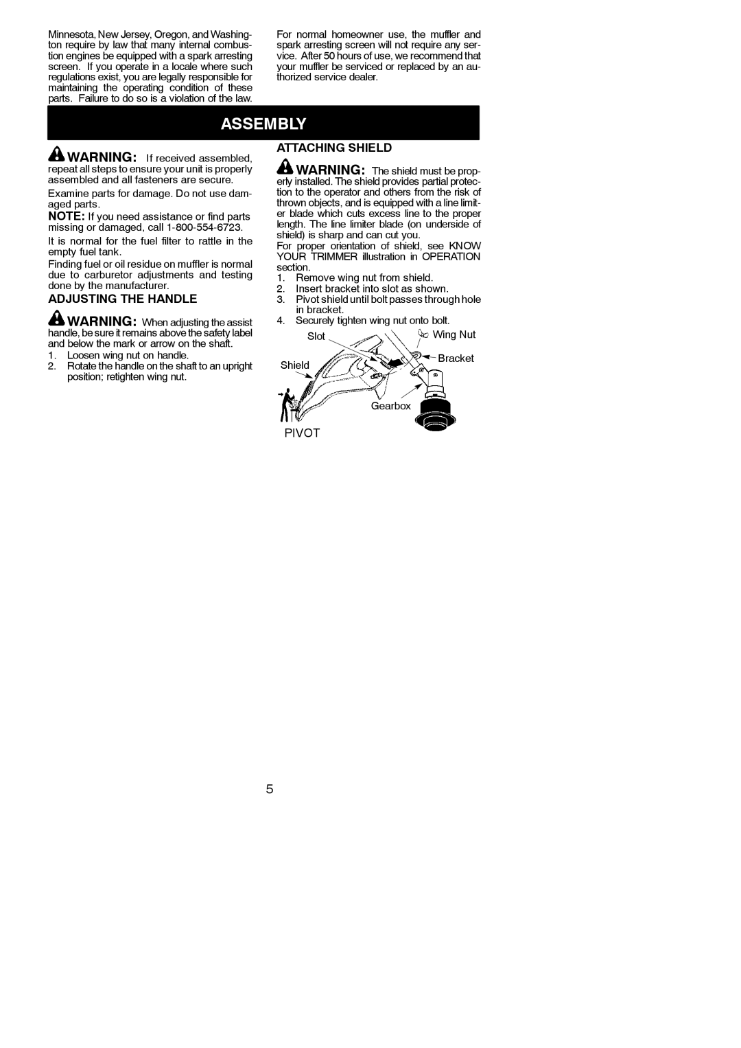 Poulan 545154719 instruction manual Assembly, Adjusting the Handle, Attaching Shield, Shield Bracket Gearbox 