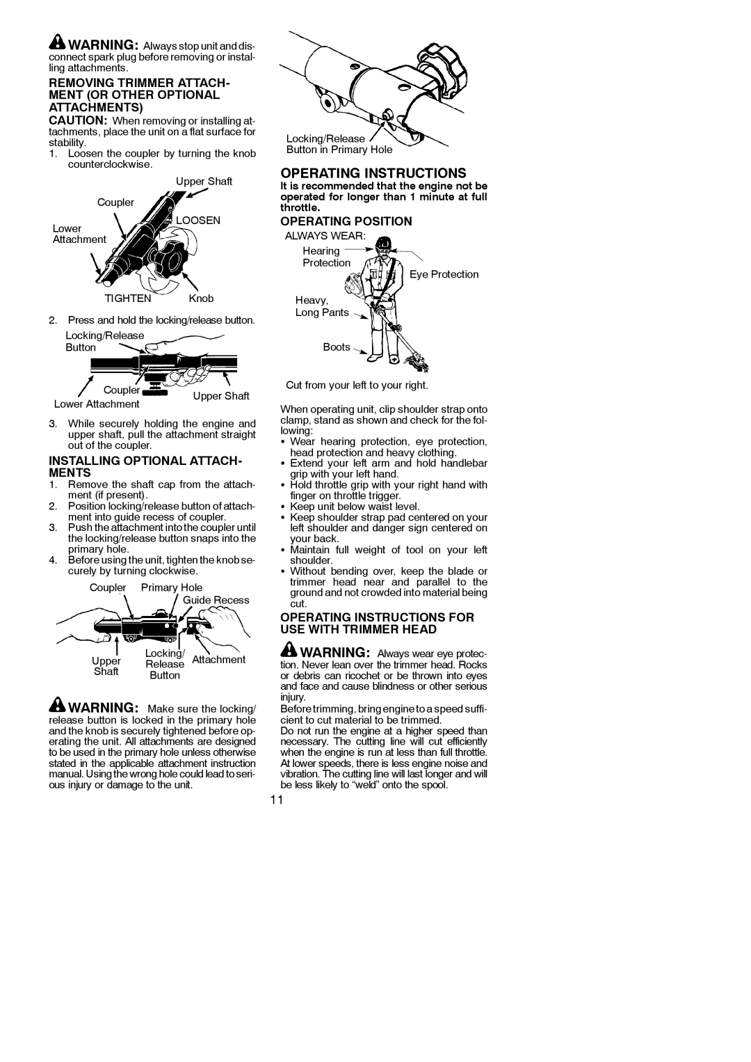 Poulan 545177326 instruction manual Removing Trimmer ATTACH- Ment or Other Optional Attachments, Operating Position 