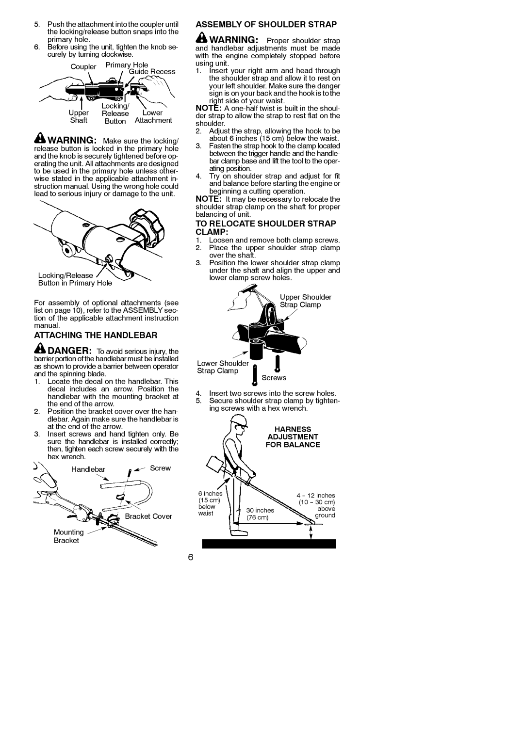 Poulan 545177326 instruction manual Assembly of Shoulder Strap, To Relocate Shoulder Strap Clamp, Attaching the Handlebar 