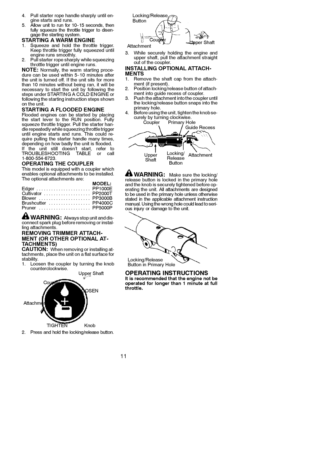 Poulan 545177327 instruction manual Starting a Warm Engine, Starting a Flooded Engine, Operating the Coupler 