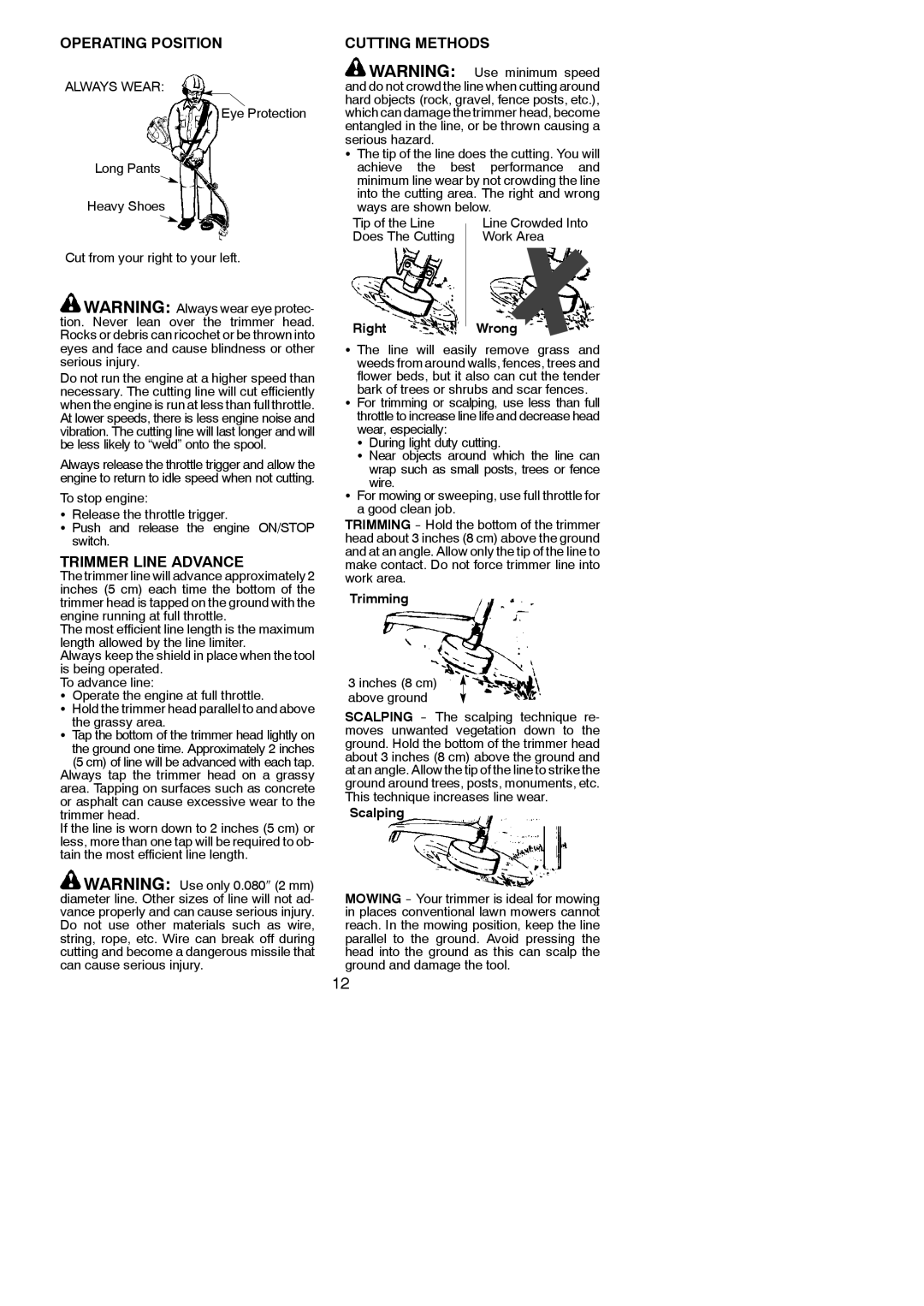 Poulan 545177327 Operating Position, Trimmer Line Advance, Cutting Methods, Grassy area, Inches 8 cm above ground 