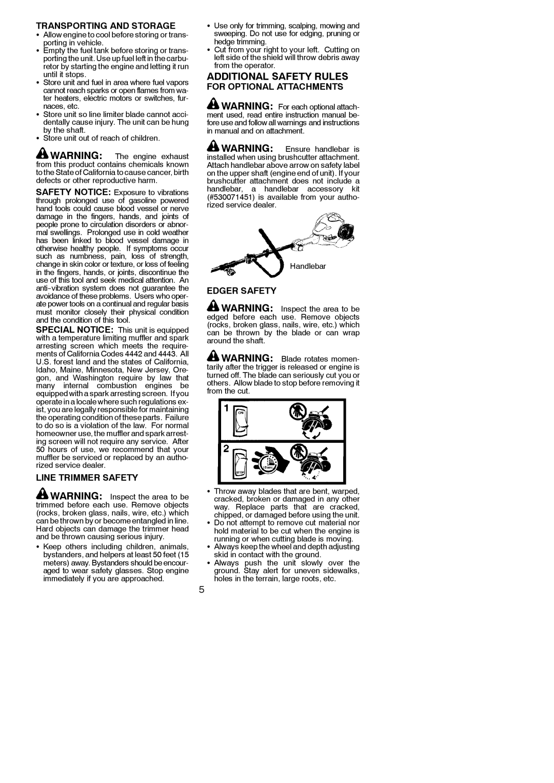 Poulan 545177327 instruction manual Transporting and Storage, Line Trimmer Safety, For Optional Attachments, Edger Safety 