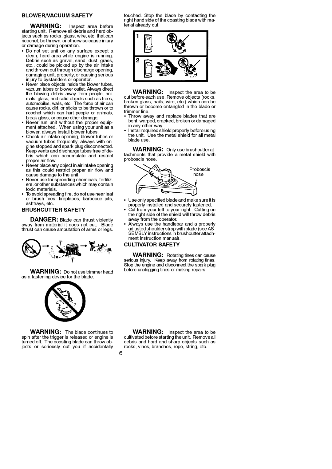 Poulan 545177327 instruction manual BLOWER/VACUUM Safety, Brushcutter Safety, Cultivator Safety 