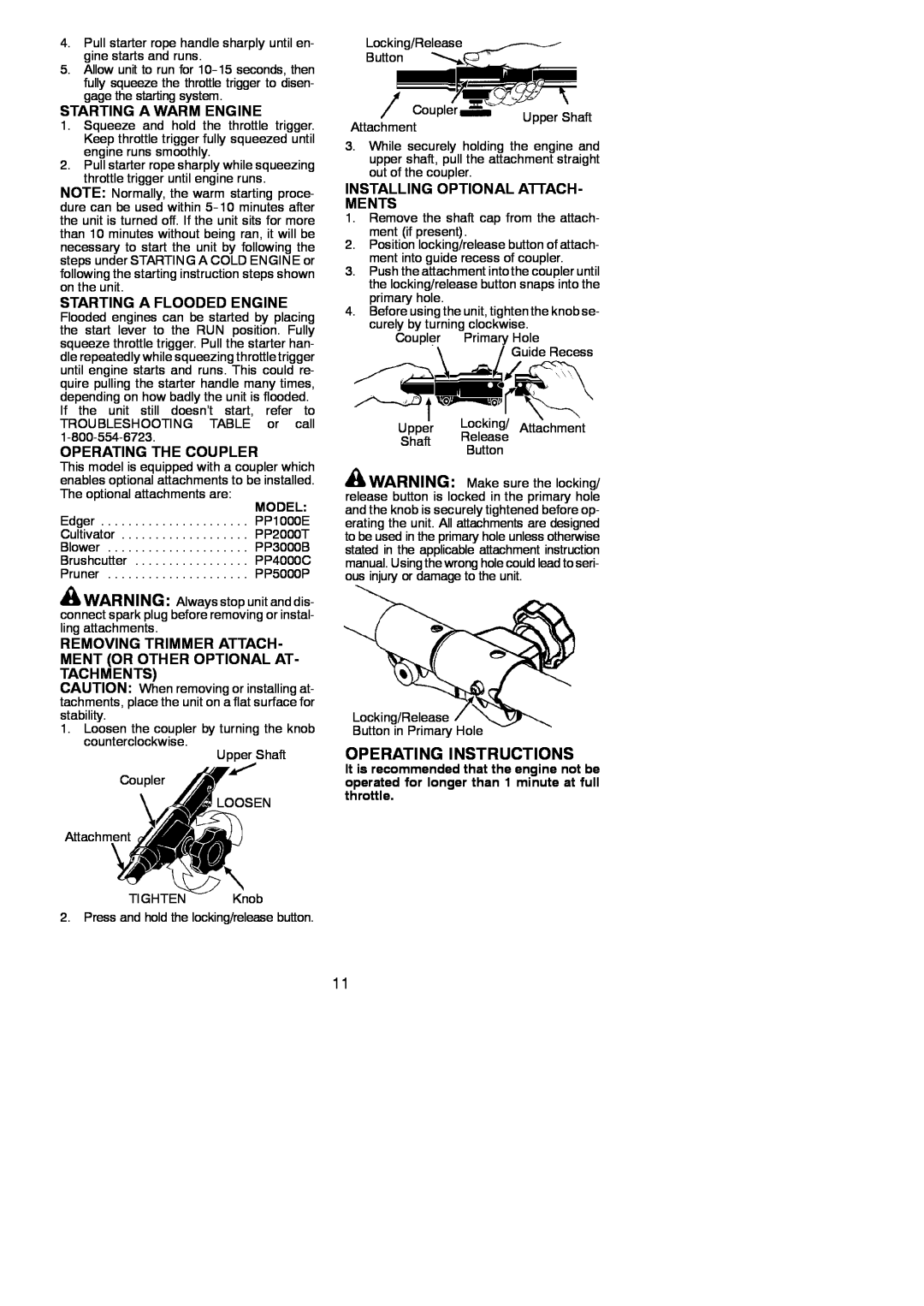 Poulan 545177327 Operating Instructions, Starting A Warm Engine, Starting A Flooded Engine, Operating The Coupler, Model 