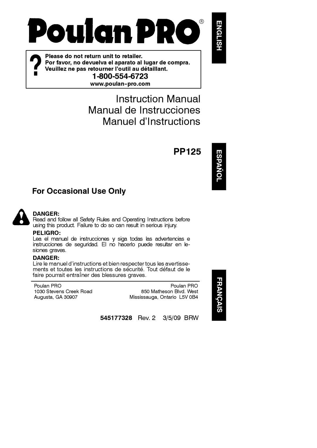 Poulan 545177328 instruction manual Manual de Instrucciones Manuel d’Instructions, English Español Français 