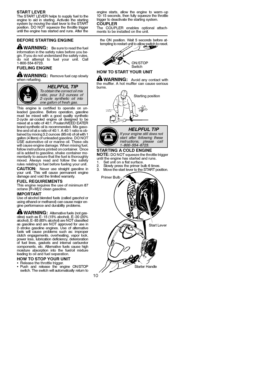 Poulan 545177328 Start Lever, Coupler, Before Starting Engine, Fueling Engine, HOW to Start Your Unit, Fuel Requirements 