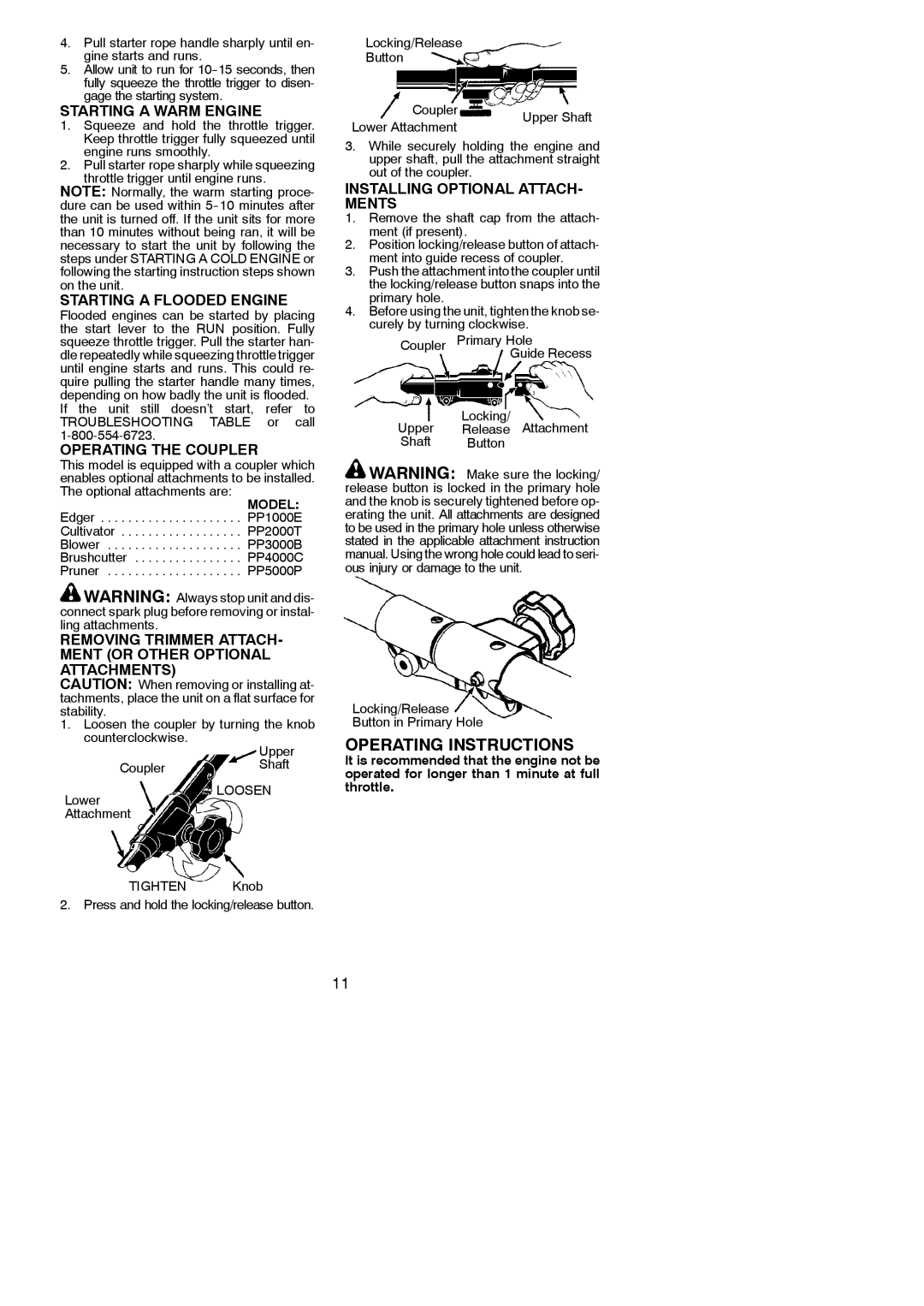 Poulan 545177328 instruction manual Starting a Warm Engine, Starting a Flooded Engine, Operating the Coupler 