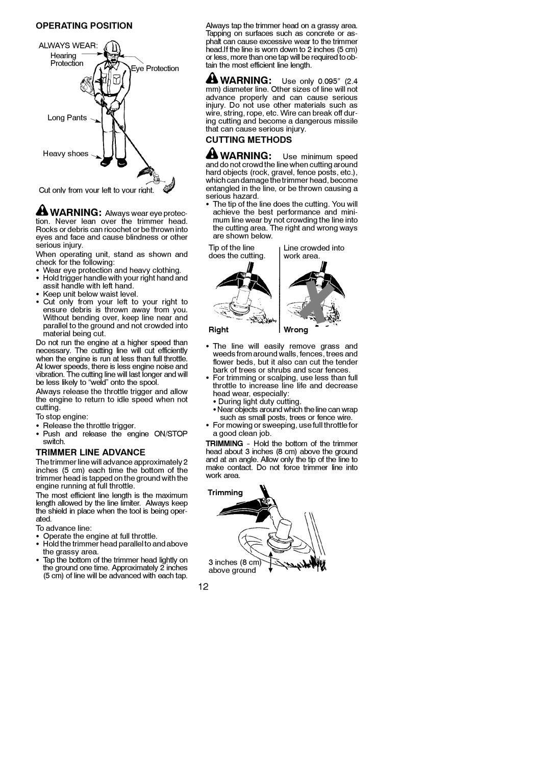 Poulan 545177328 instruction manual Operating Position, Trimmer Line Advance, Cutting Methods 