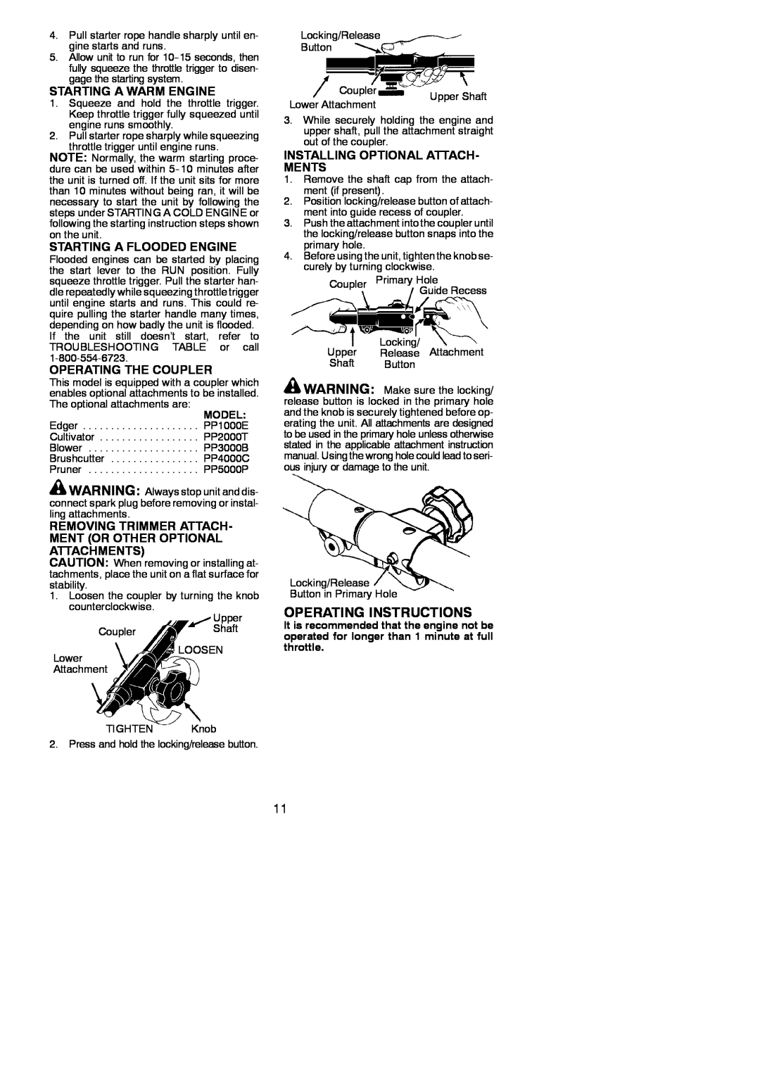 Poulan 545177328 Operating Instructions, Starting A Warm Engine, Starting A Flooded Engine, Operating The Coupler 