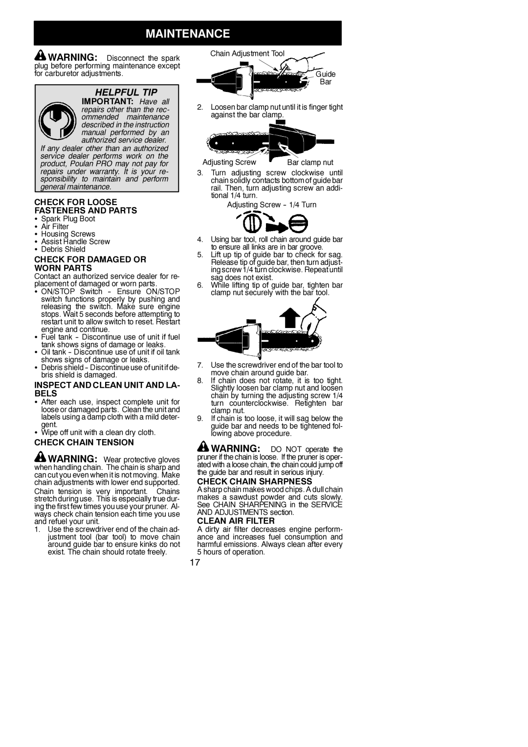 Poulan PP446ET, 545177333 instruction manual Maintenance 