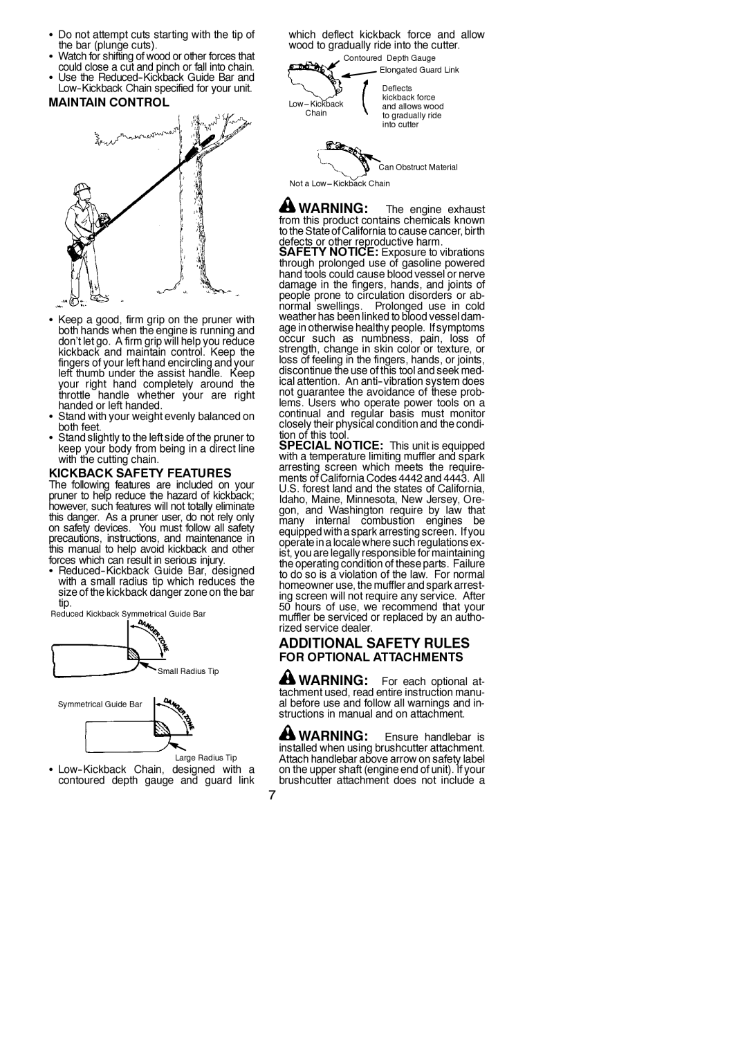 Poulan PP446ET, 545177333 Maintain Control, Kickback Safety Features, For Optional Attachments, Tip, Tion of this tool 